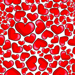 Seamless pattern of red hearts. Valentine's Day background. Flat design endless chaotic texture of tiny heart silhouettes. Shades of red. Vector illustration isolated on white background.