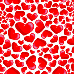 Seamless pattern of red hearts. Valentine's Day background. Flat design endless chaotic texture of tiny heart silhouettes. Shades of red. Vector illustration isolated on white background.