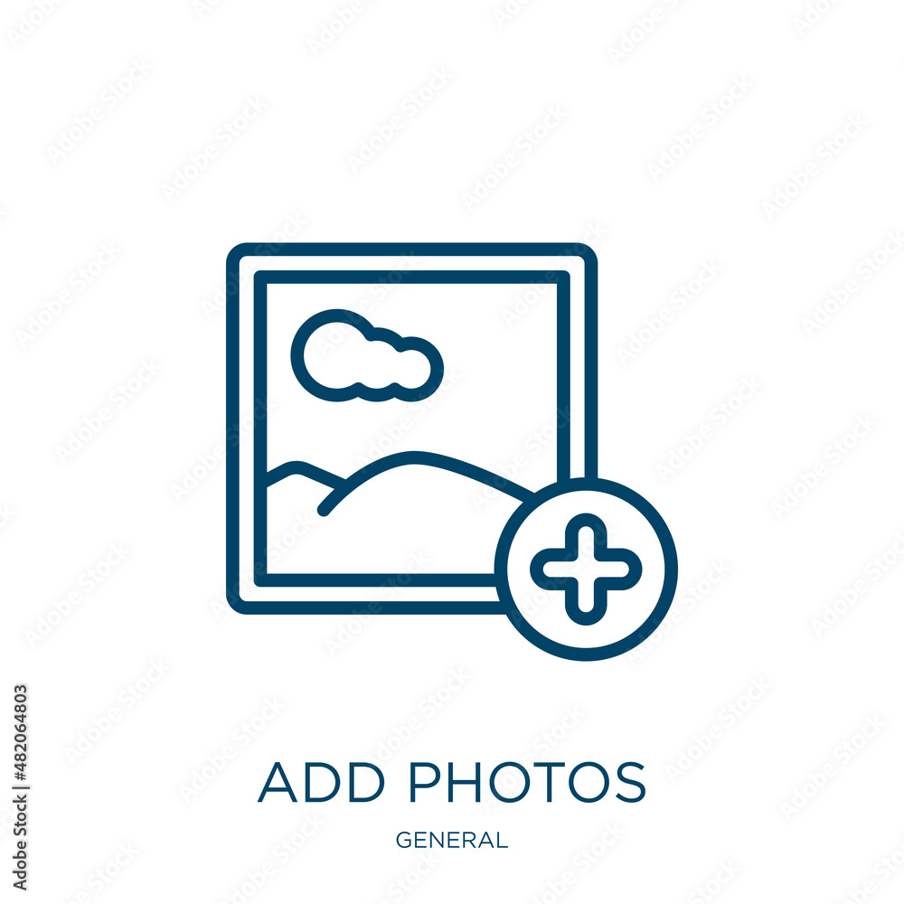 Poster add photos icon from general collection. thin linear add photos, photo, internet outline icon isolat