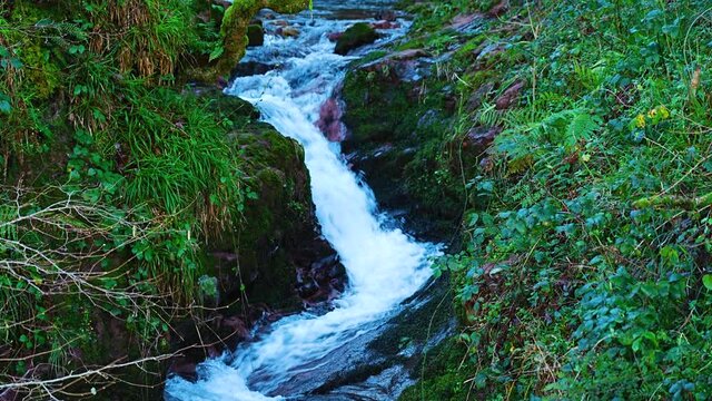 Waterfall and winter landscape of forests and Pas cabins in the Pisue&ntilde;a River Valley. Pasiegos Valleys, Cantabria, Spain, Europe