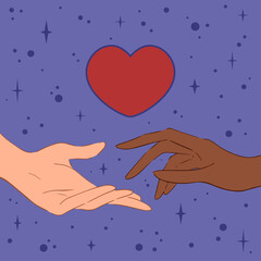 Flat style of multiracial couple hands under red heart. Vector illustration of hand of multiethnic couple reaching out to each other under red heart against purple starry sky. Vector illustration