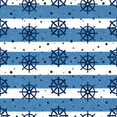Vector pattern in doodle style with steering wheel and bubbles on striped background. Seamless pattern on marine concept in hand-drawn ink texture