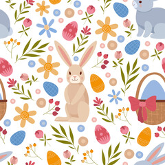 Seamless pattern of Easter elements. Rabbits, Easter eggs, different flowers, twigs and leaves. Easter vector background. Hand drawn