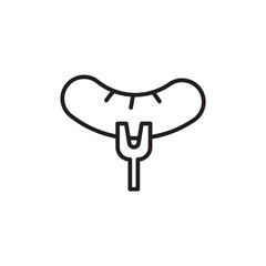 grilled sausage, barbecue, black flat and outline design. Vector illustration. Sausage on fork icon. Simple illustration of sausage on fork vector icon for web