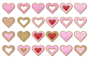 Vector set of different cookies in the form of hearts covered with pink glaze decorated with confectionery topping, almond chips and coconut flakes isolated on white background.