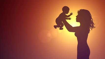 Silhouette of a mother holding a baby against the background of the and sunset sky