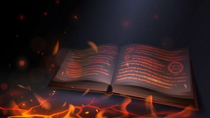 Magic book with glowing text in hellfire, witch spellbook