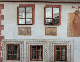 Facades of historic buildings in Český Krumlov, also Bohemian Krumau, Krumau an der Moldau or Krummau, is a city in southern Bohemia (Czech Republic).