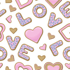 Vector seamless pattern of different cookies in the shape of hearts and letters love covered with pink glaze and decorated with confectionery topping isolated on white background.