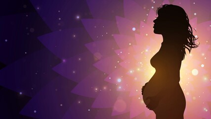 Silhouette of a pregnant woman on the background of a pink abstract pattern and the light of the sun