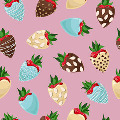 Vector seamless pattern of strawberries covered with white, milk, turquoise chocolate decorated with almond chips, coconut flakes, nut crumb isolated on pink background.