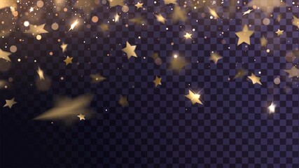 Decorative element with falling golden stars with blur effect on transparent background