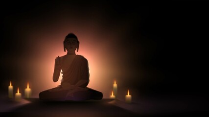 Silhouette of the Buddha in the lotus position against the background of light and candles - obrazy, fototapety, plakaty