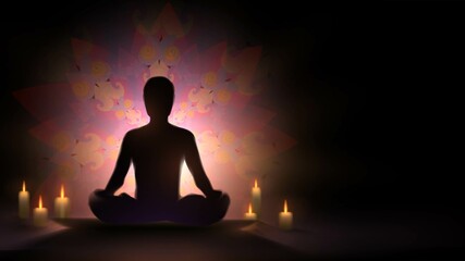 Silhouette of a man in the lotus position on the background of a colorful pattern and a candle