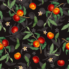 Seamless pattern with peach fruits, blossom and green leaves on black background, vintage botanical wallpaper
