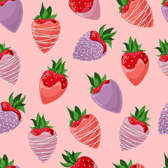 Vector seamless pattern of strawberries covered with red, pink and violet glaze decorated with coconut flakes.