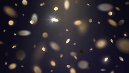 Falling golden shiny confetti or coins with blur effect on dark background