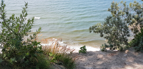 Naklejka premium view of the sea sandy shore and the blue-green sea with waves from the cliff