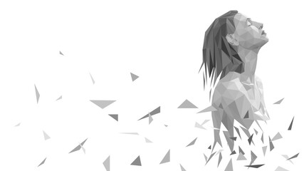 Low poly black and white figure of a woman crumbling into pieces