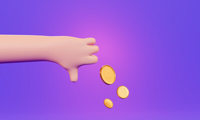 Bitcoin coins and gesture dislike. 3d render. Concept of falling cryptocurrency prices. Cartoon hand with a thumbs down gesture on the background of bitcoin coins