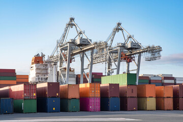 Unloading of containers from a ship on the quay of the port of Le Havre