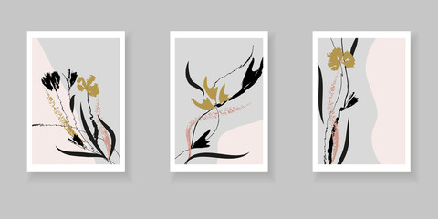 Botanical elegant set with black, pink, gold flowers and grunge texture. Minimal trendy template for wall decor, posters, book covers, social media design. abstract art.