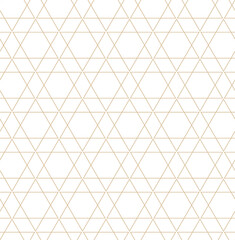 Fototapeta premium Golden geometric vector seamless patterns. Golden lines, triangles and rhombuses on a white background. Modern illustrations for wallpapers, flyers, covers, banners, minimalistic decorations