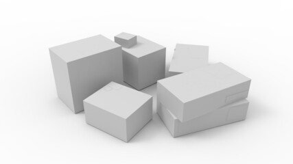 3D rendering of a design mockup template of multple cardboard product packaging boxes isolated in studio background.