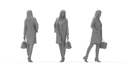 3D rendering of fashionable woman with a purse posing. Multiple views silhouette, side front and back.
