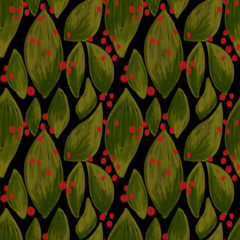 Seamless botanical pattern of green leaves hand-drawn. Design of wall wallpaper, fabric, textiles, cover, background.