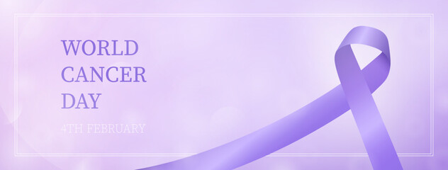 Violet ribbon with world cancer day text via charity campaign with smooth gradient vector banner 