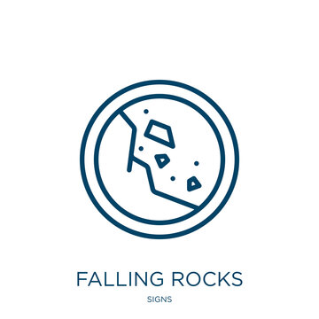 Falling Rocks Icon From Signs Collection. Thin Linear Falling Rocks, Danger, Rock Outline Icon Isolated On White Background. Line Vector Falling Rocks Sign, Symbol For Web And Mobile