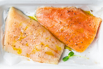 salmon raw fish fresh seafood second course dietary healthy meal food diet snack on the table copy space food background rustic top view pescatarian diet