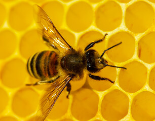 Bees on honeycombs close-up.
Reasonable insects are bees. Macro photography.
