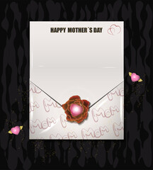 Open envelope with letters "mom" for mother's day. central rose with red heart. Winged hearts. dark background with irregular patterns
