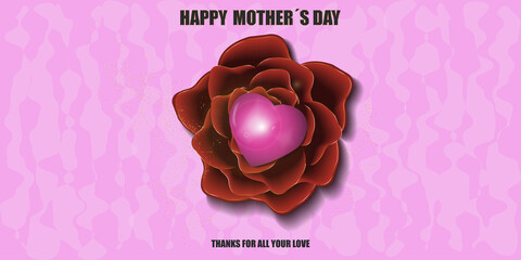 rosa roja central con corazón rosa. texto feliz dia de la madre. fondo rosa con patrones irregulares