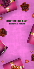 gift boxes for mother's day decorated with roses and hearts. pink background for text and logos, with irregular patterns