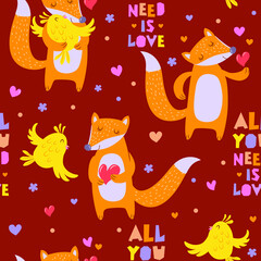 Pair of cute animals in love - fox and chicken. Seamless pattern. Lettering - all you need is love. Vector illustration. Textile, wrapping paper with Valentine's day characters.