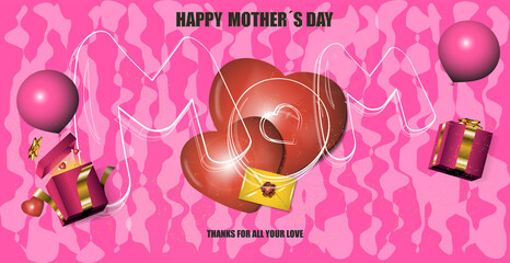 mother's day background, with red hearts in the center with letters "mom" and decorated with gift boxes and balloons. pink background with irregular patterns