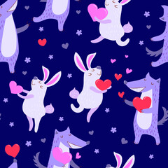 Pair of cute animals in love - wolf and hare with hearts. Seamless pattern. Vector illustration. Textile, wrapping paper with valentines.