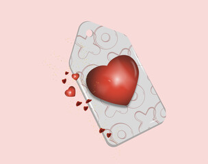 shopping tag with letters "XO" and heart. decoration hearts and petals. Pink background