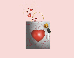 isolated shopping bag with letters "XO" kisses and hugs for valentine's day. decoration hearts and petals. Pink background