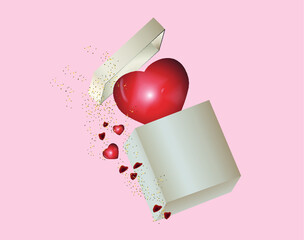 isolated gift box for valentine's day, with heart coming out of the box. decoration of hearts and petals. Pink background