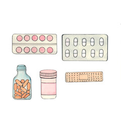 watercolor drawing set of packages with pills, plater on a white background hand drawn