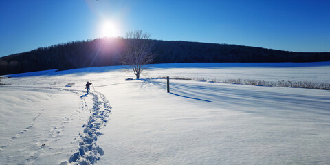 Sunset on a Very Cold January day at Cole Park in Upstate NY.  A Photographer carrying his tripod...
