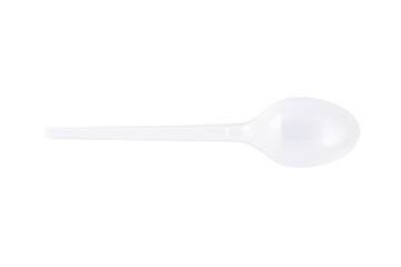 White plastic disposable spoon isolated on a white background. Close-up.