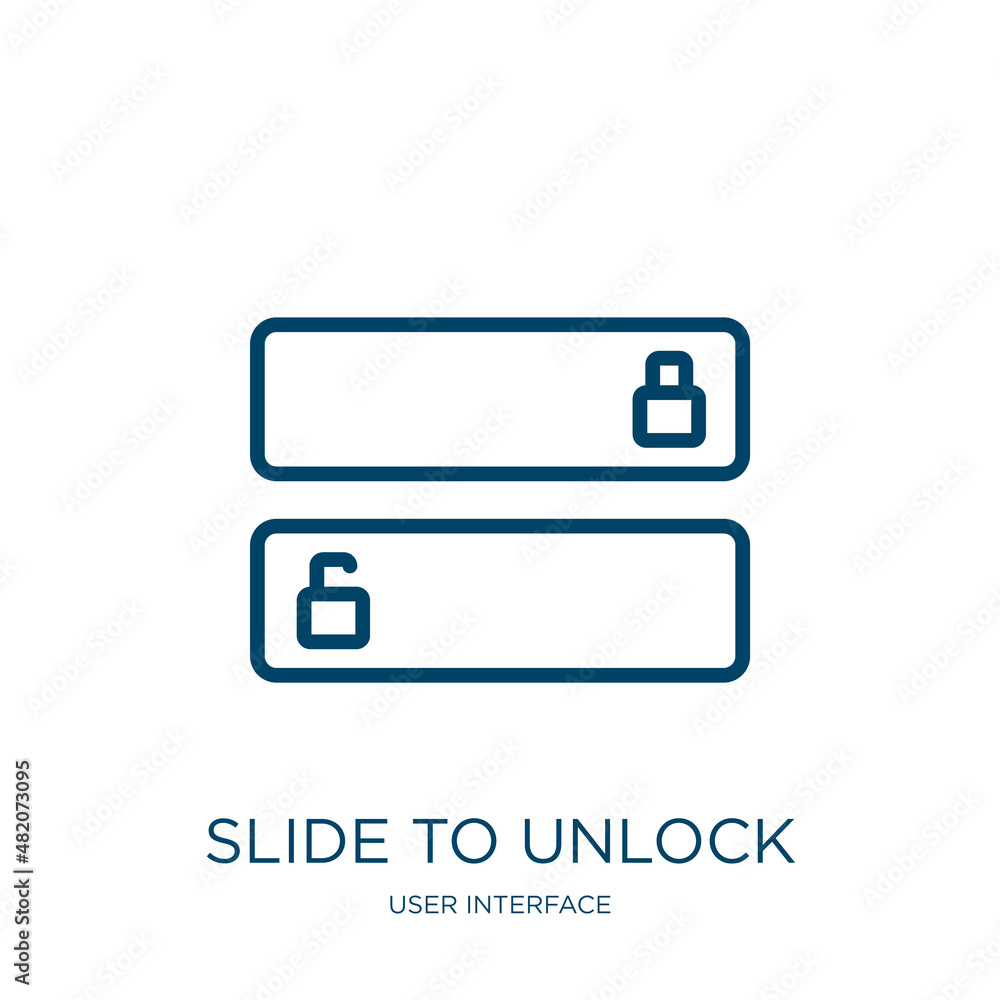Poster slide to unlock icon from user interface collection. Thin linear slide to unlock, slide, button outline icon isolated on white background. Line vector slide to unlock sign, symbol for web and mobile