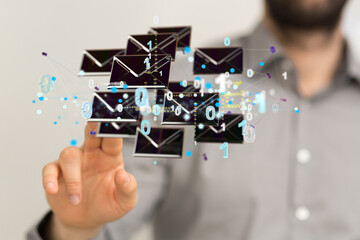Approved email and spam message displayed on a futuristic interface