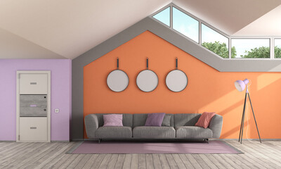 Colorful living room with front door and pitched roof