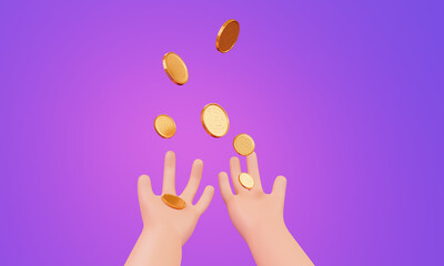 Cartoon hands and falling bitcoin coins, 3d render. Bitcoin Mining Concept.